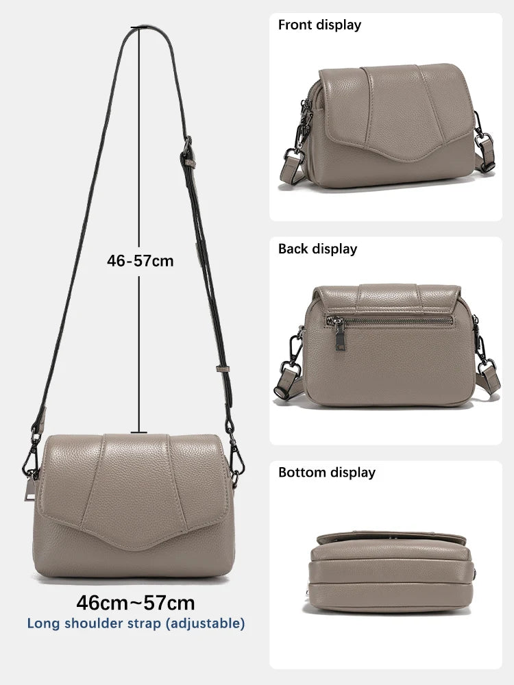 Genuine Cowhide Leather Crossbody for Women Simple Multi-compartment Shoulder Handbag