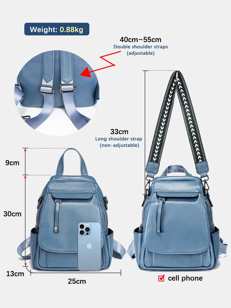 Genuine Leather Women's Fashion Backpack High Quality Satchel Rucksack Multifunctional