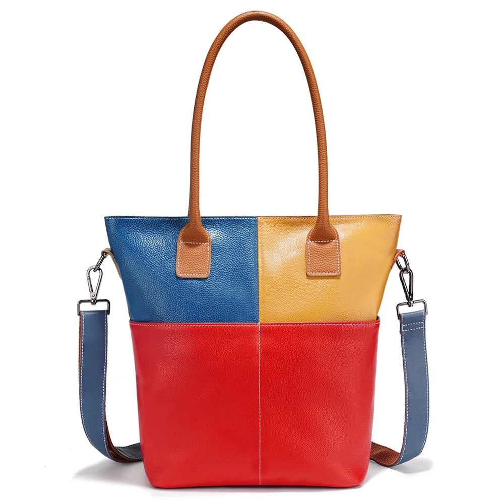 Fashion New Splicedcolor Women Handbag Genuine Leather Ladies Shoulder Big