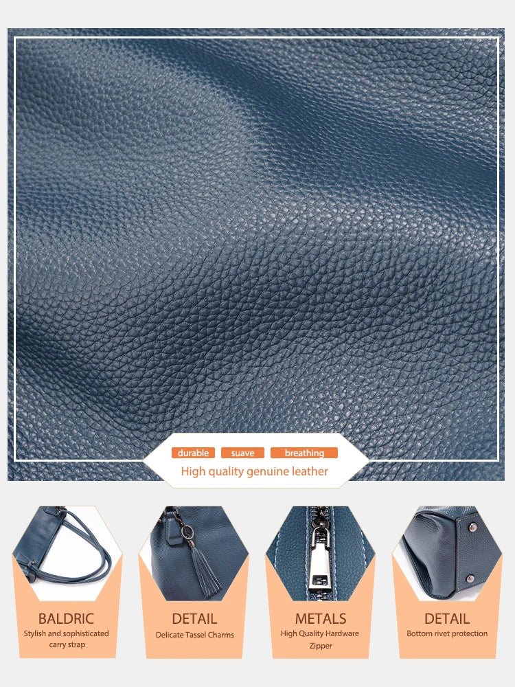 Genuine Leather Women's Tassel Shoulder Bag Large Capacity Female Handbag Shopper Natural Leather