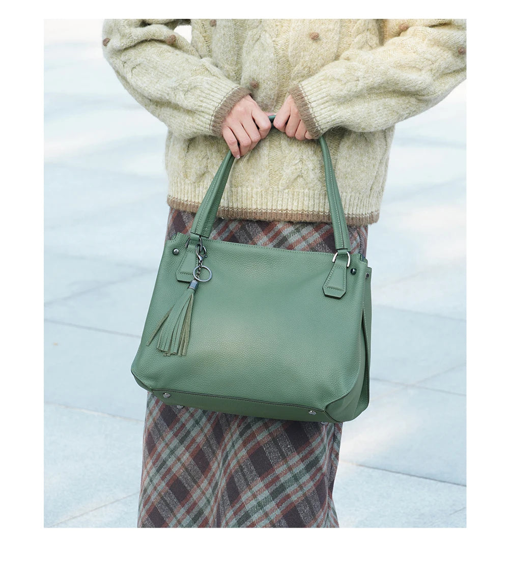 Genuine Leather Women's Tassel Shoulder Bag Large Capacity Female Handbag Shopper Natural Leather