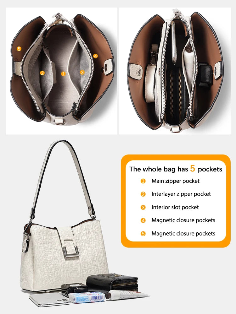 Genuine Leather Designer Noble Shopper Shoulder Bag Commuter Large Bucket Handbag Women Crossbody