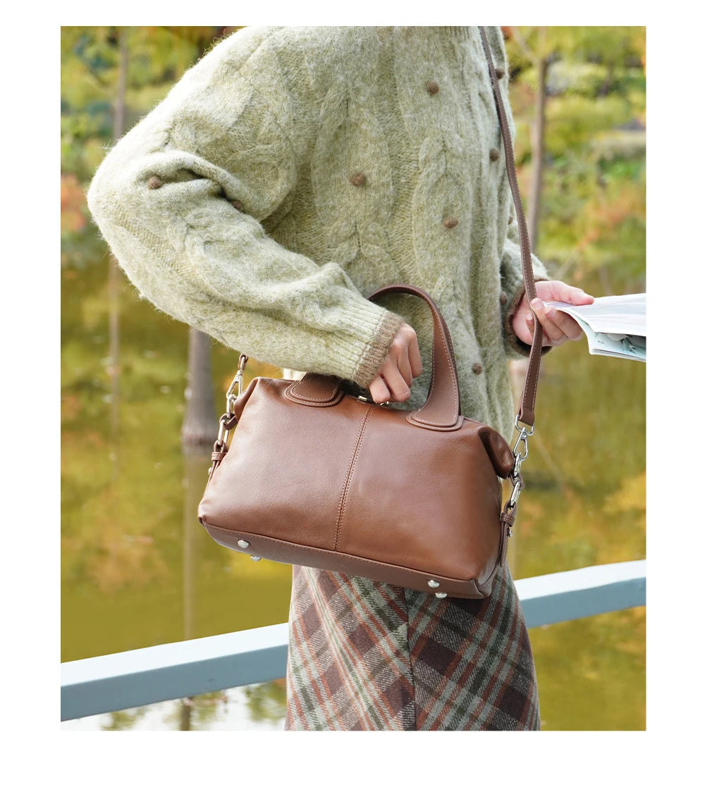 Genuine Leather Top-handle Bag For Women Stylish Boston Bag Shoulder Handbag Bolsa Crossbody