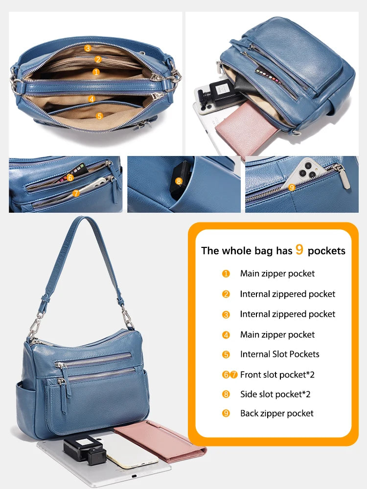 Cowhide Leather Handbag Women Shoulder Bag  Multi-functional Pockets Crossbody Bags