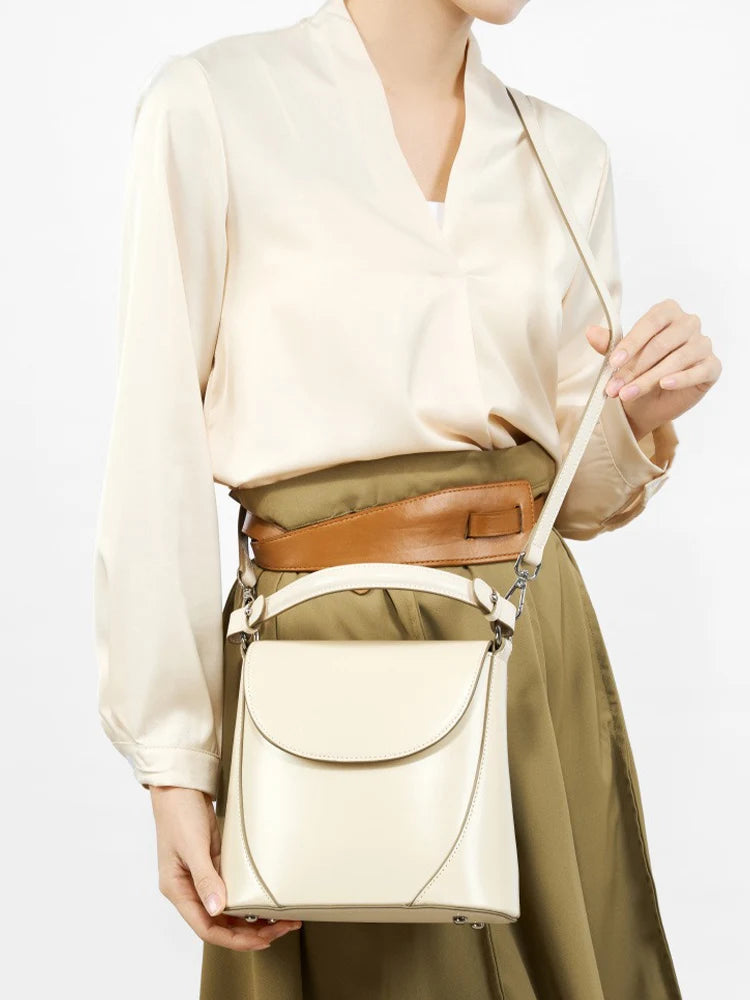 Elegant Beige Handbag Ladies Noble Genuine Leather Shoulder Cross body French Style