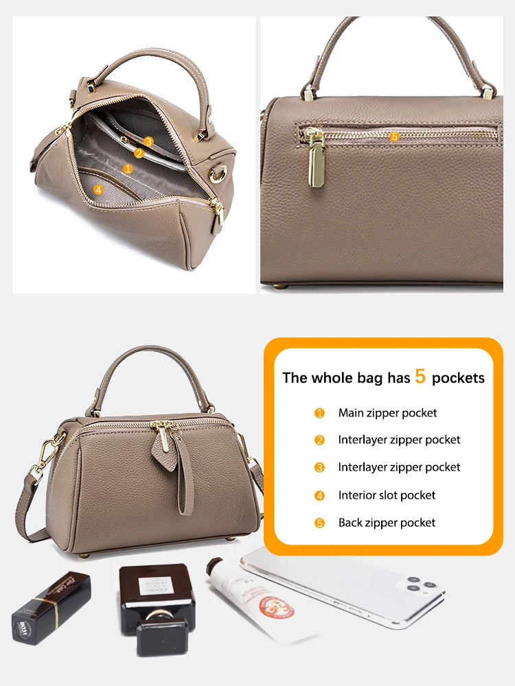 Women's Genuine Leather Boston Bag Brand Designer Retro Shoulder Bag Large Capacity New Trendy