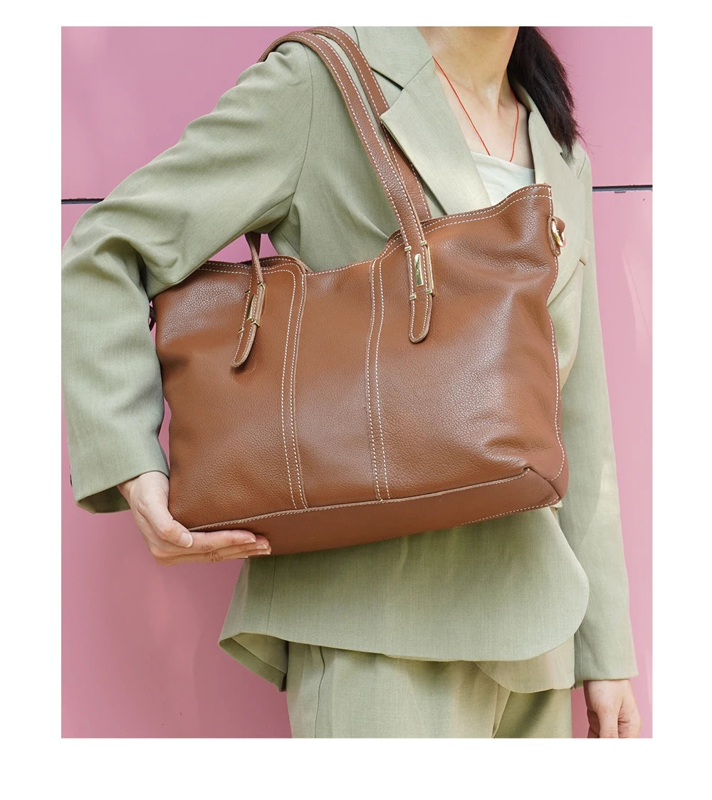 Large Capacity Shoulder Bag for Women 100% Genuine Leather Retro Handbag Tote Purse