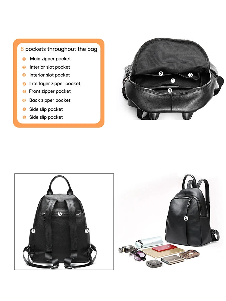 Anti-theft Design Women Backpack 100% Genuine Leather Classic