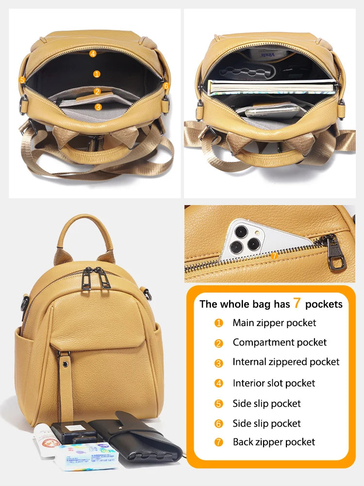 Soft Genuine Leather Women Small Backpack Purse Stylish Travel Rucksack