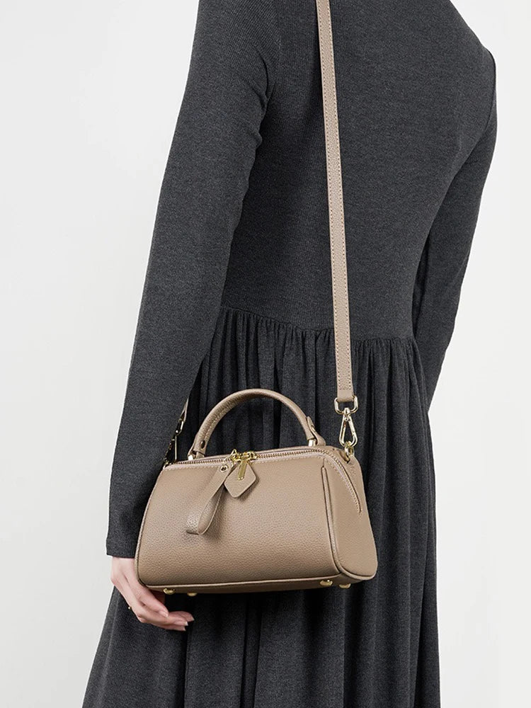 Women's Genuine Leather Boston Bag Brand Designer Retro Shoulder Bag Large Capacity New Trendy