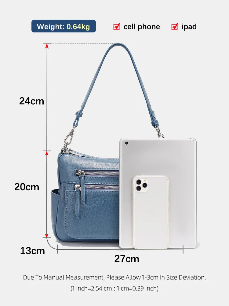 Cowhide Leather Handbag Women Shoulder Bag  Multi-functional Pockets Crossbody Bags