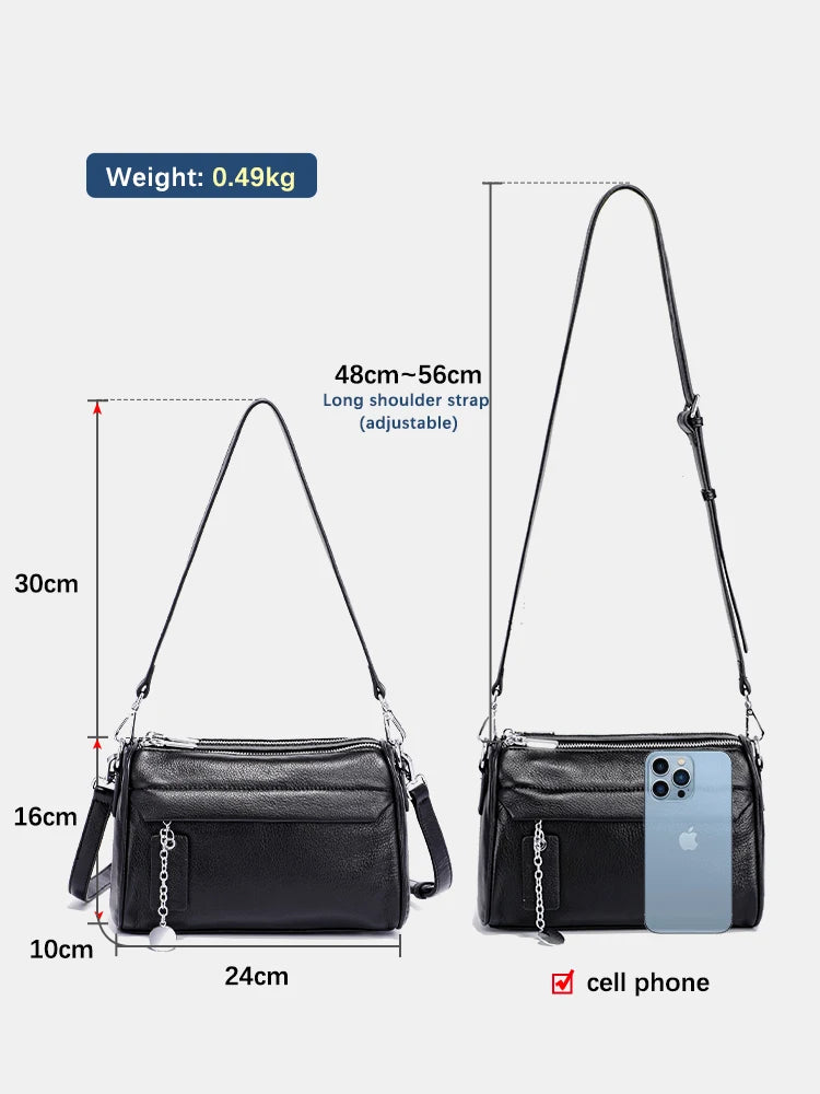 Soft Leather Casual Shoulder Bag For Female Double Zippered Pockets Small
