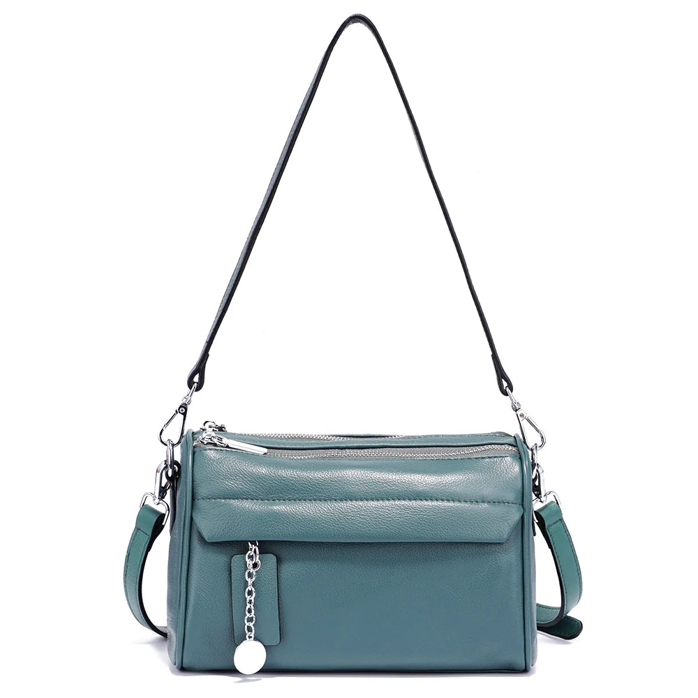 Soft Leather Casual Shoulder Bag For Female Double Zippered Pockets Small