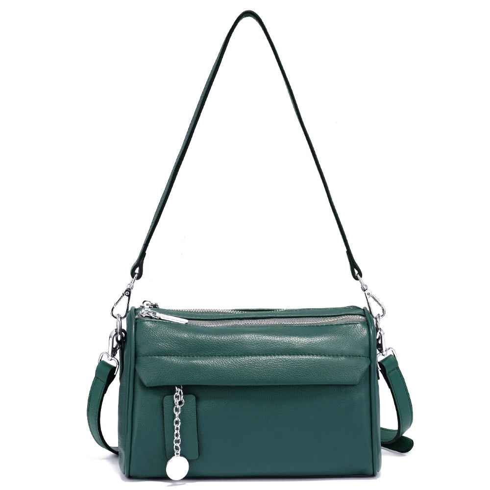 Soft Leather Casual Shoulder Bag For Female Double Zippered Pockets Small