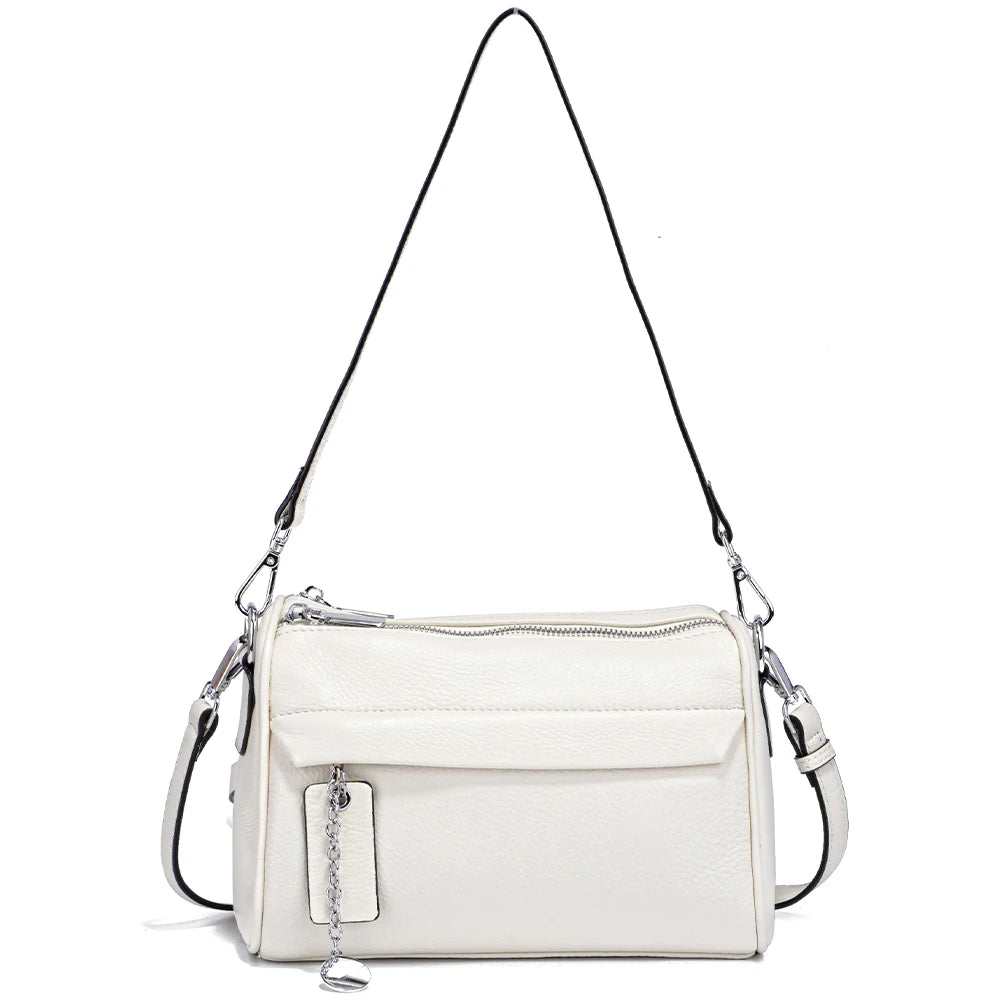 Soft Leather Casual Shoulder Bag For Female Double Zippered Pockets Small