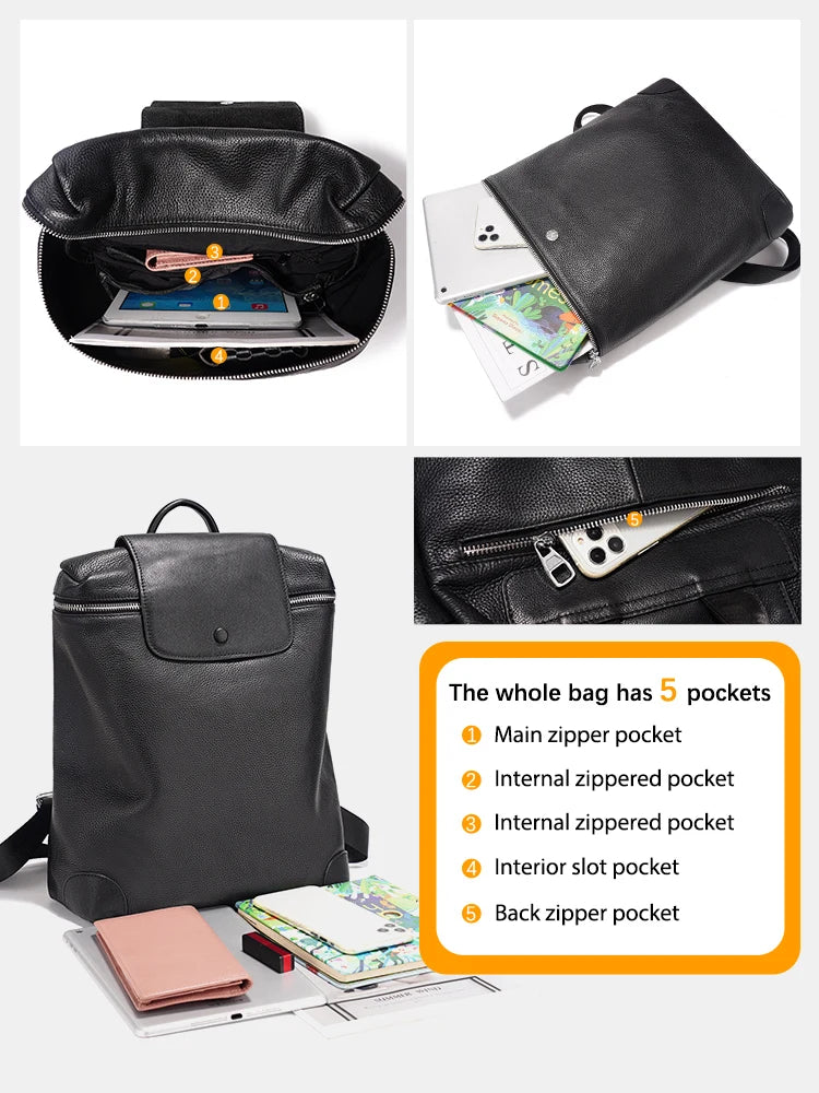 Genuine Leather Black Backpack Multi-pocket Design Knapsack Flap Bag