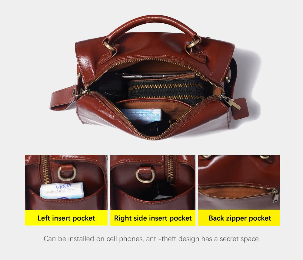 Leather Vintage Handbag Women Shoulder Bag Satchel Black Wave Pattern Wide