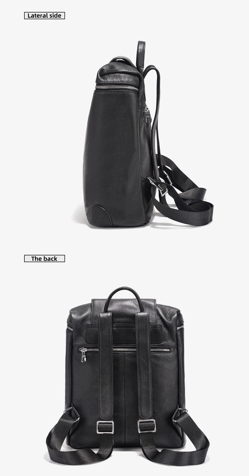 Genuine Leather Black Backpack Multi-pocket Design Knapsack Flap Bag