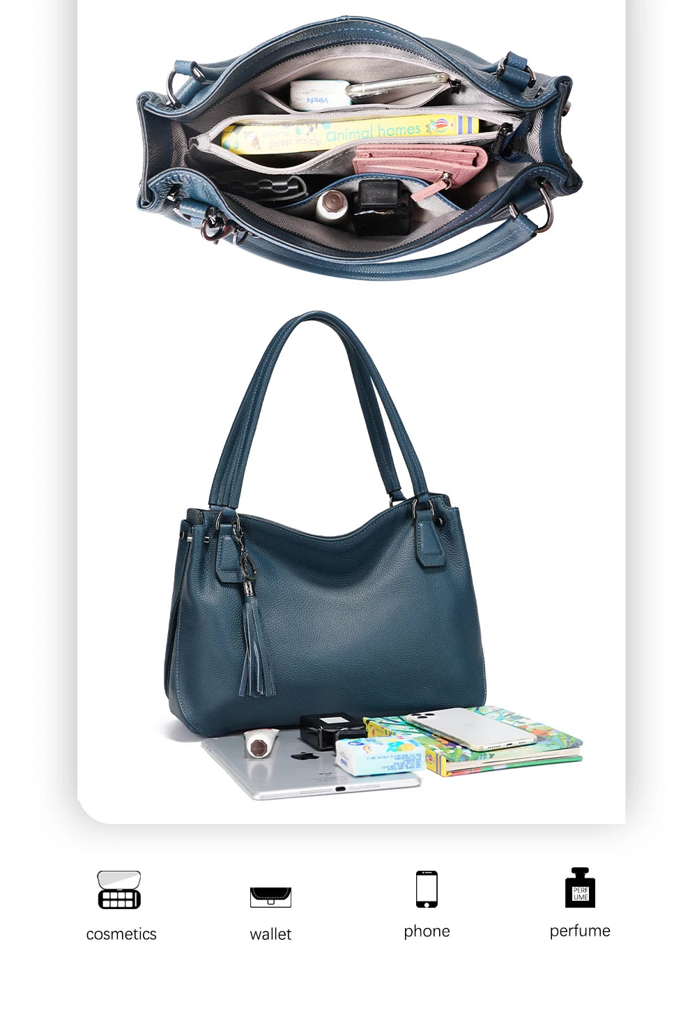 Genuine Leather Women's Tassel Shoulder Bag Large Capacity Female Handbag Shopper Natural Leather