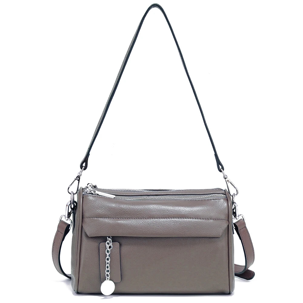 Soft Leather Casual Shoulder Bag For Female Double Zippered Pockets Small