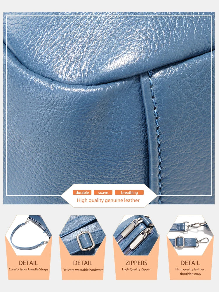 Cowhide Leather Handbag Women Shoulder Bag  Multi-functional Pockets Crossbody Bags