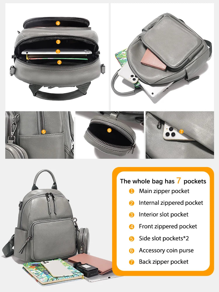 New Genuine Leather Women's Backpack Knapsack Multi-pocket Shoulder
