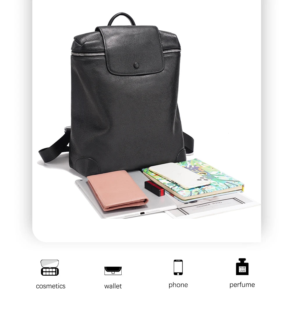 Genuine Leather Black Backpack Multi-pocket Design Knapsack Flap Bag