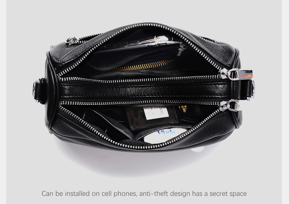 Soft Leather Casual Shoulder Bag For Female Double Zippered Pockets Small