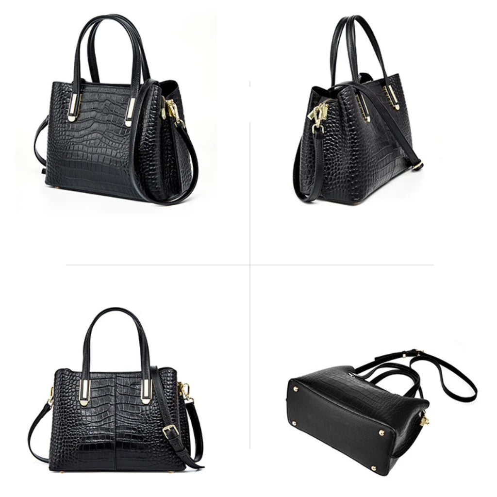 Crocodile Patterned Top-grain Leather Handbag Elegant Top Handle Women Versatile