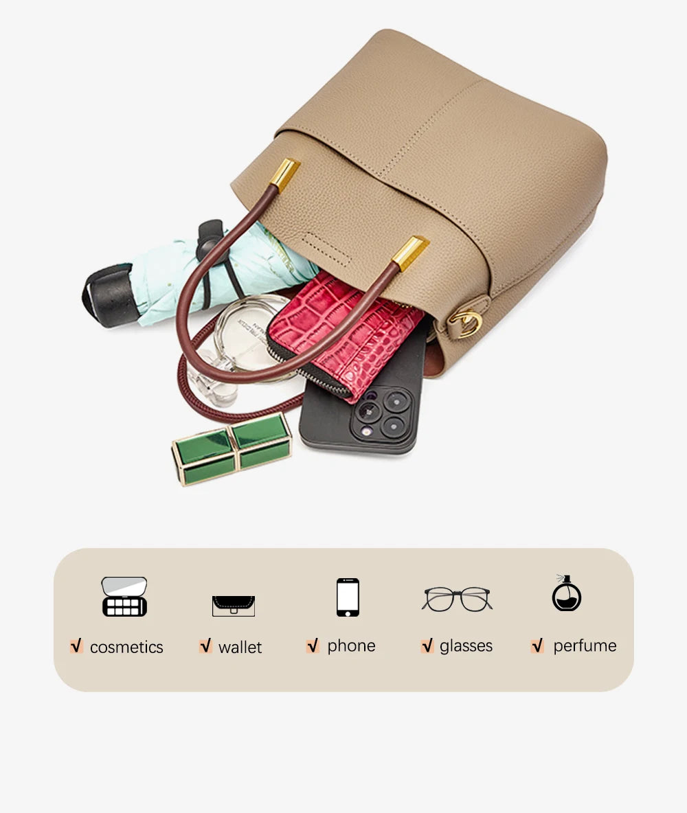 Genuine Leather Top Quality Bucket Bag for Women Versatile Handbag Leather Tote Bag High Sense