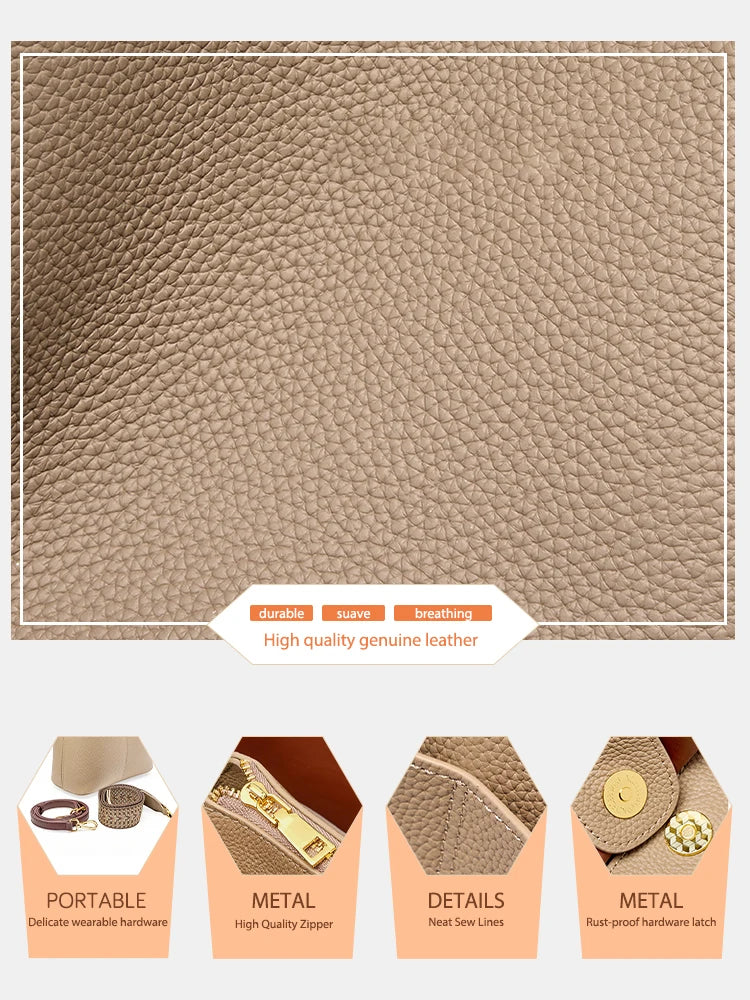 Genuine Leather Top Quality Bucket Bag for Women Versatile Handbag Leather Tote Bag High Sense